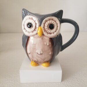 Great Gatherings 3D Glazed Ceramic Wide Eyed Gray Owl Coffee Cup Mug 16oz